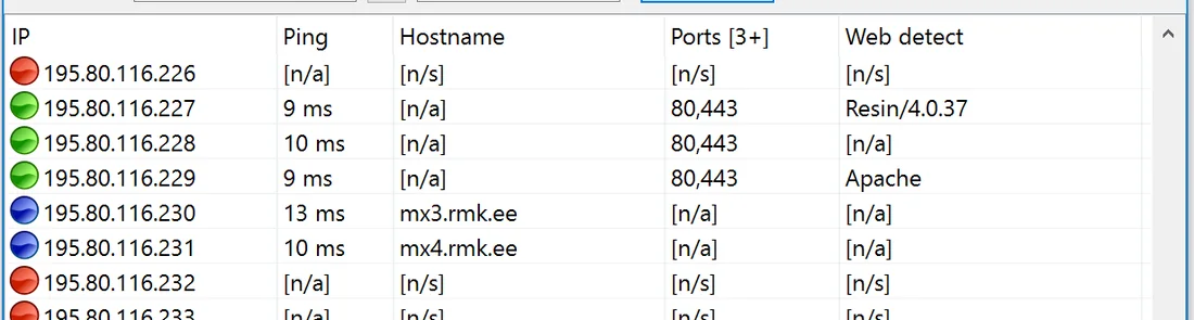 Angry IP Scanner results table mid-sweep
