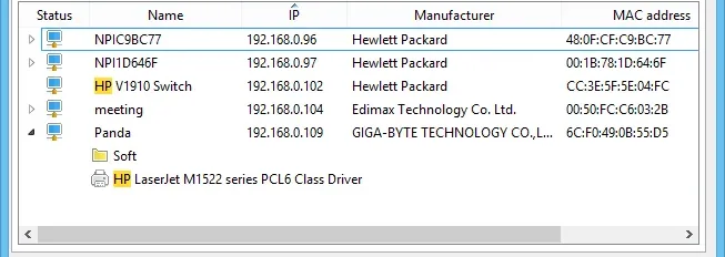 Results table with Status, Name, IP, Manufacturer and MAC address columns
