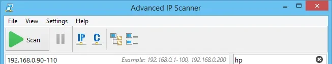 Advanced IP Scanner menu, toolbar and range row