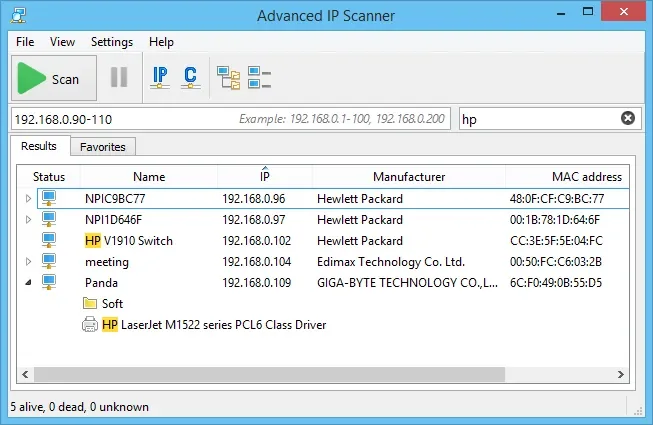 Advanced IP Scanner main window with a range, search box and five devices in the Results tab