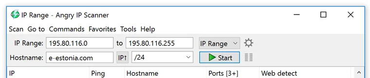 Angry IP Scanner menu bar, range fields, feeder dropdown, Hostname row, Start button and column headers
