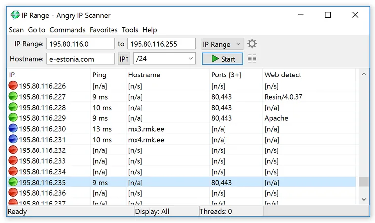 Angry IP Scanner results with coloured status dots, ping times, host names, open ports and web server names