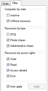 Filter tab with checkboxes for computer state, resource type and access rights