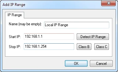 Add IP Range dialog with Name, Start IP and Stop IP fields