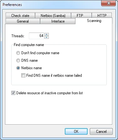 Preferences window, Scanning tab, with Threads set to 64 and computer name options