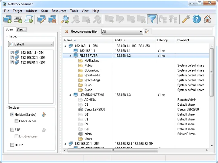 Network Scanner main window with three IP ranges on the left and a tree of computers and shares on the right
