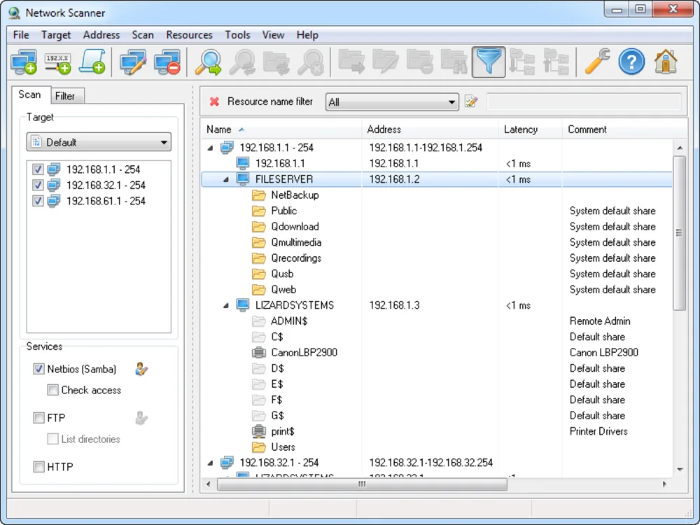 LizardSystems Network Scanner results view