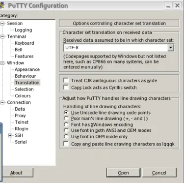 PuTTY Configuration Category tree with Translation selected