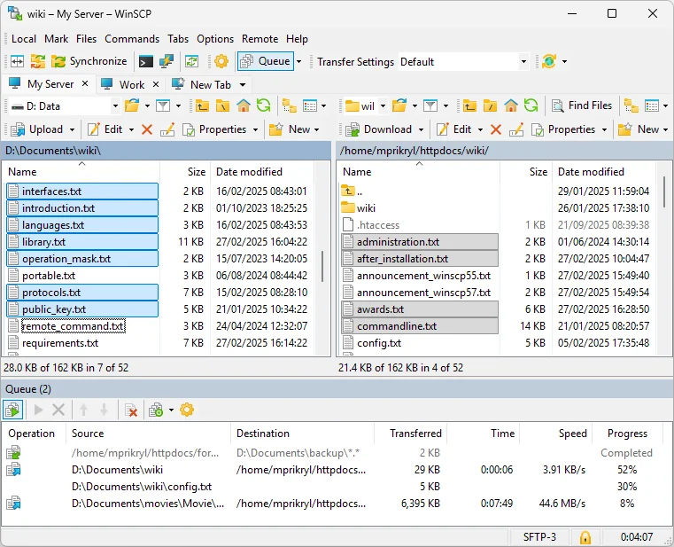 WinSCP Commander interface with local and remote panels and a transfer queue
