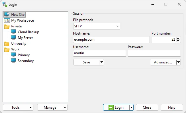 WinSCP Login dialog with site folders and SFTP session settings