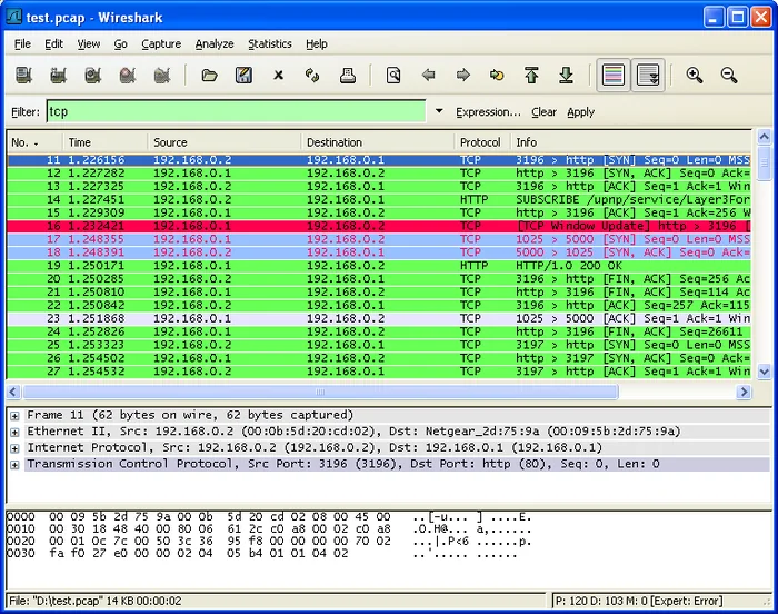 Older Wireshark window with the display filter tcp applied and a coloured packet list