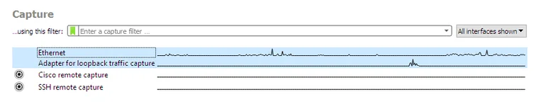 Wireshark welcome screen Capture section with a capture filter box and a list of interfaces with traffic sparklines