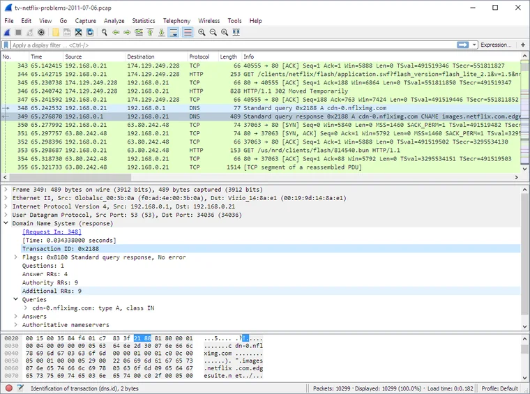Wireshark main window with packet list, packet details of a DNS response and packet bytes